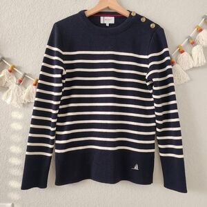Ponant France 100% Wool Button Stripe Crewneck Sweater Navy Nautical Preppy L